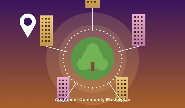 Site plan illustration of a gated apartment community in Bangalore with buildings arranged around a central park