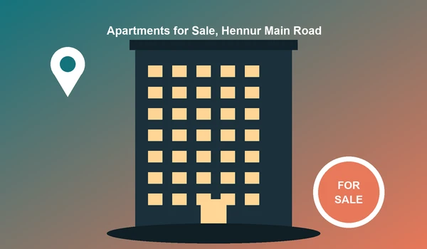 Modern apartment building for sale on Hennur Main Road with a location pin and for-sale badge