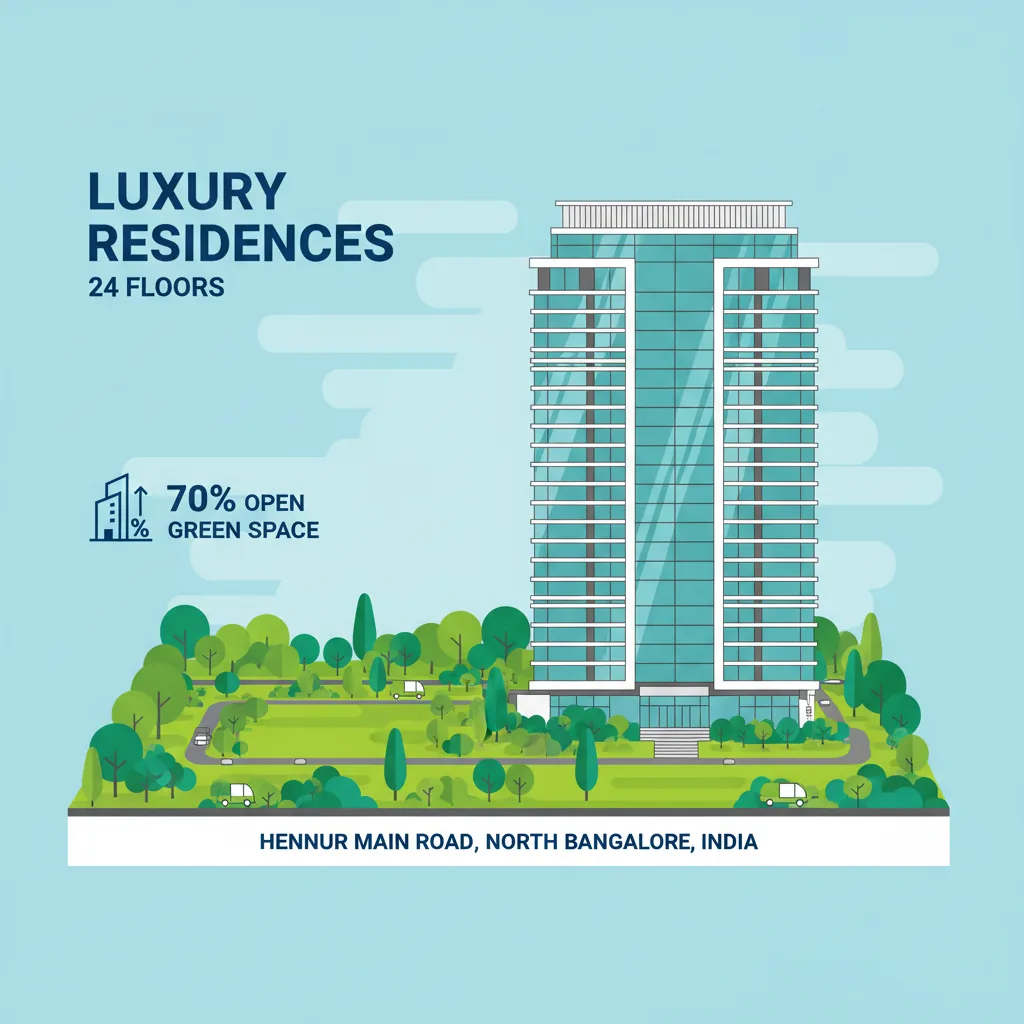 Bangalore city skyline with technology theme featuring glass office towers, green parks, and residential high-rises in North Bangalore area