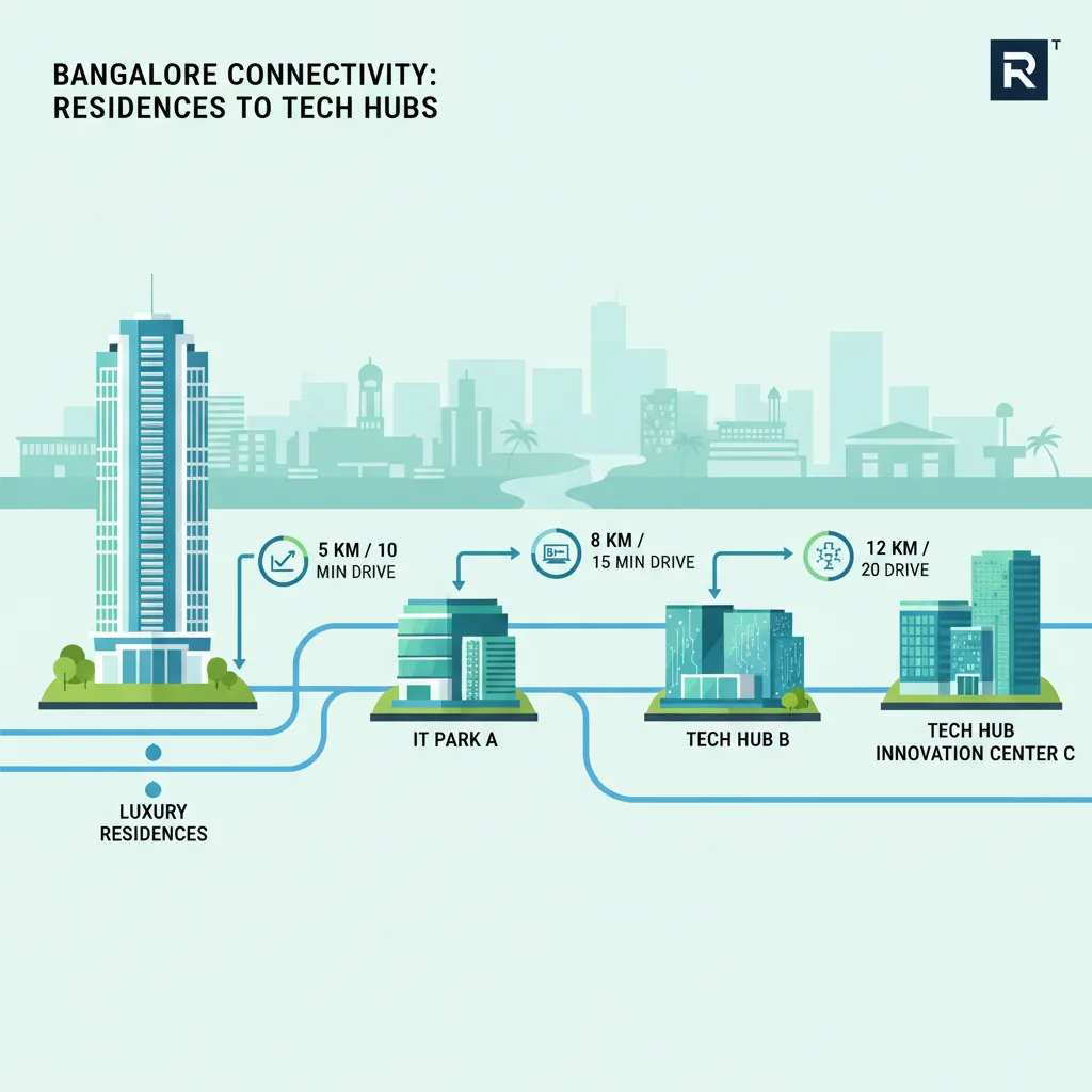 IT Hubs near Purva Horizon - Modern infographic showing luxury residential tower connected to major IT parks and tech hubs with distance markers and travel times