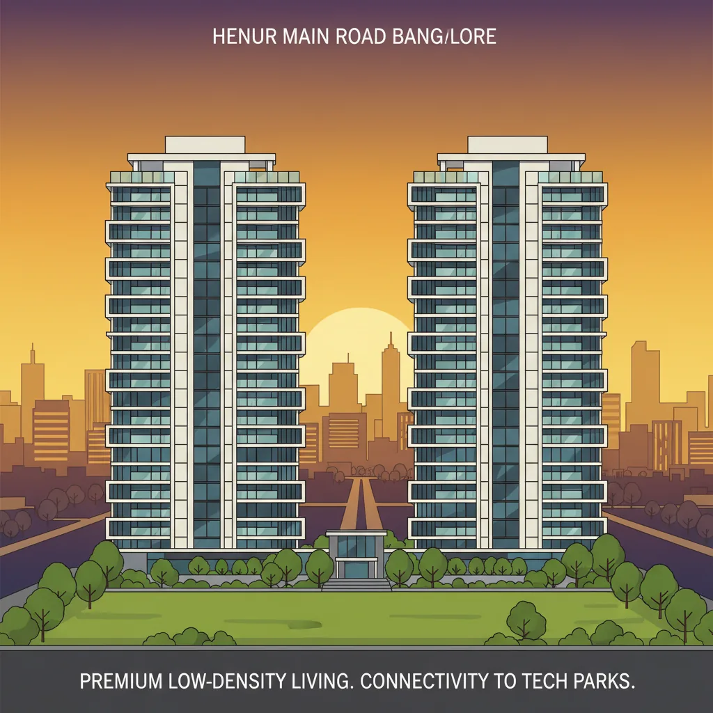 Modern luxury residential high-rise towers at sunset on Hennur Main Road with landscaped gardens and city skyline views