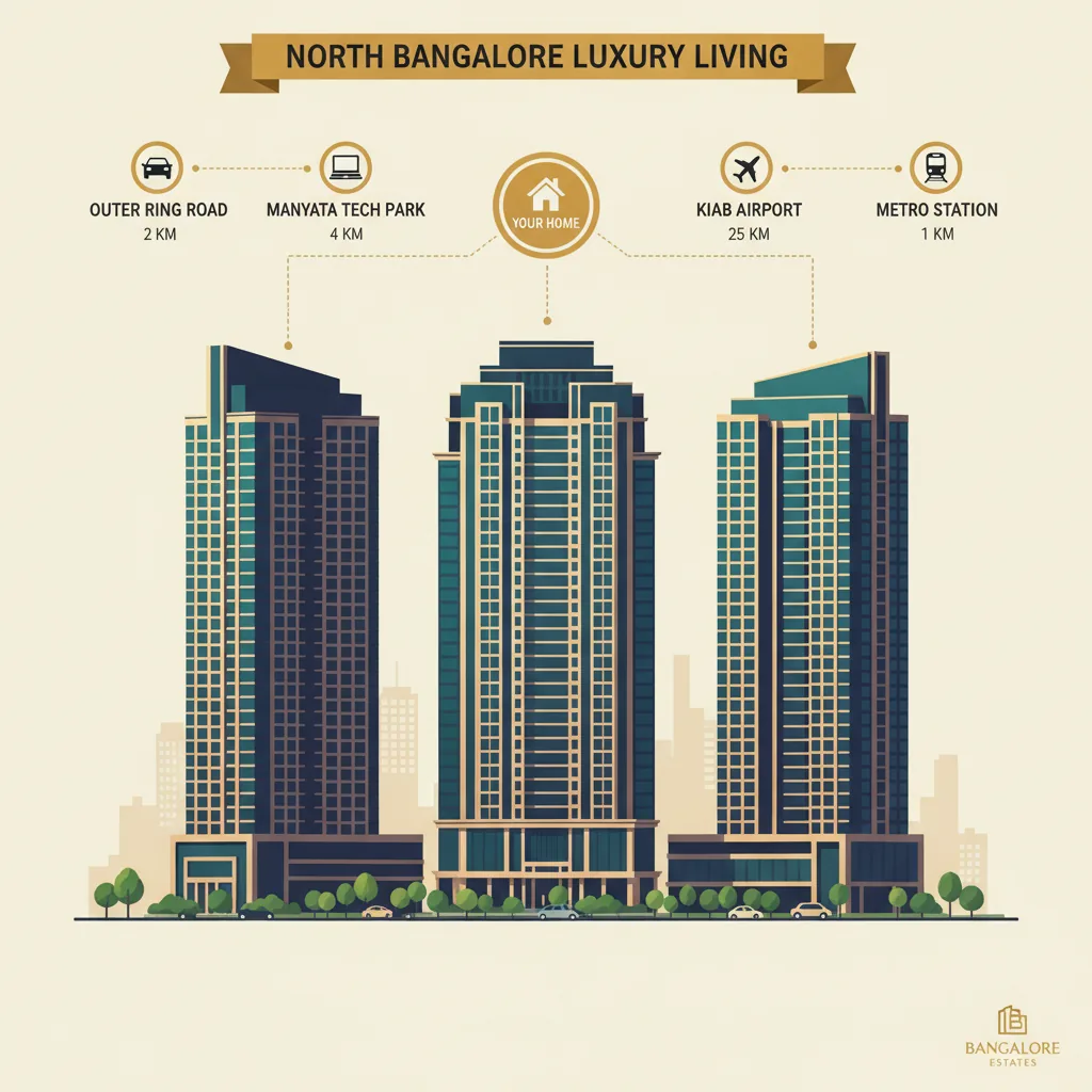 Purva Horizon luxury high-rise residential towers in North Bangalore with connectivity infographic showing distances to ORR, Manyata Tech Park, metro, and airport