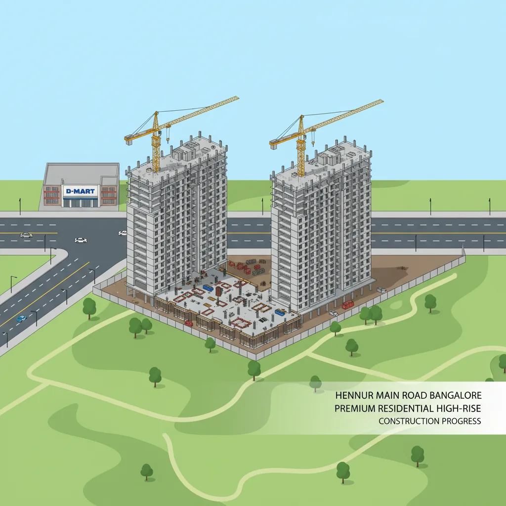 Purva Horizon construction progress aerial view showing two 24-floor towers, foundation work, and open green spaces on Hennur Main Road