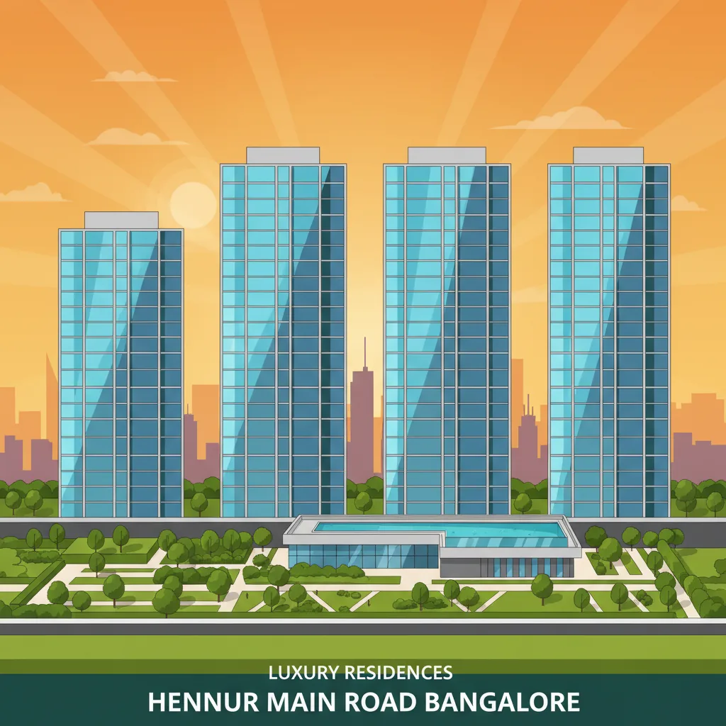 Modern luxury high-rise residential towers with glass facades on Hennur Main Road Bangalore featuring rooftop infinity pool and landscaped gardens