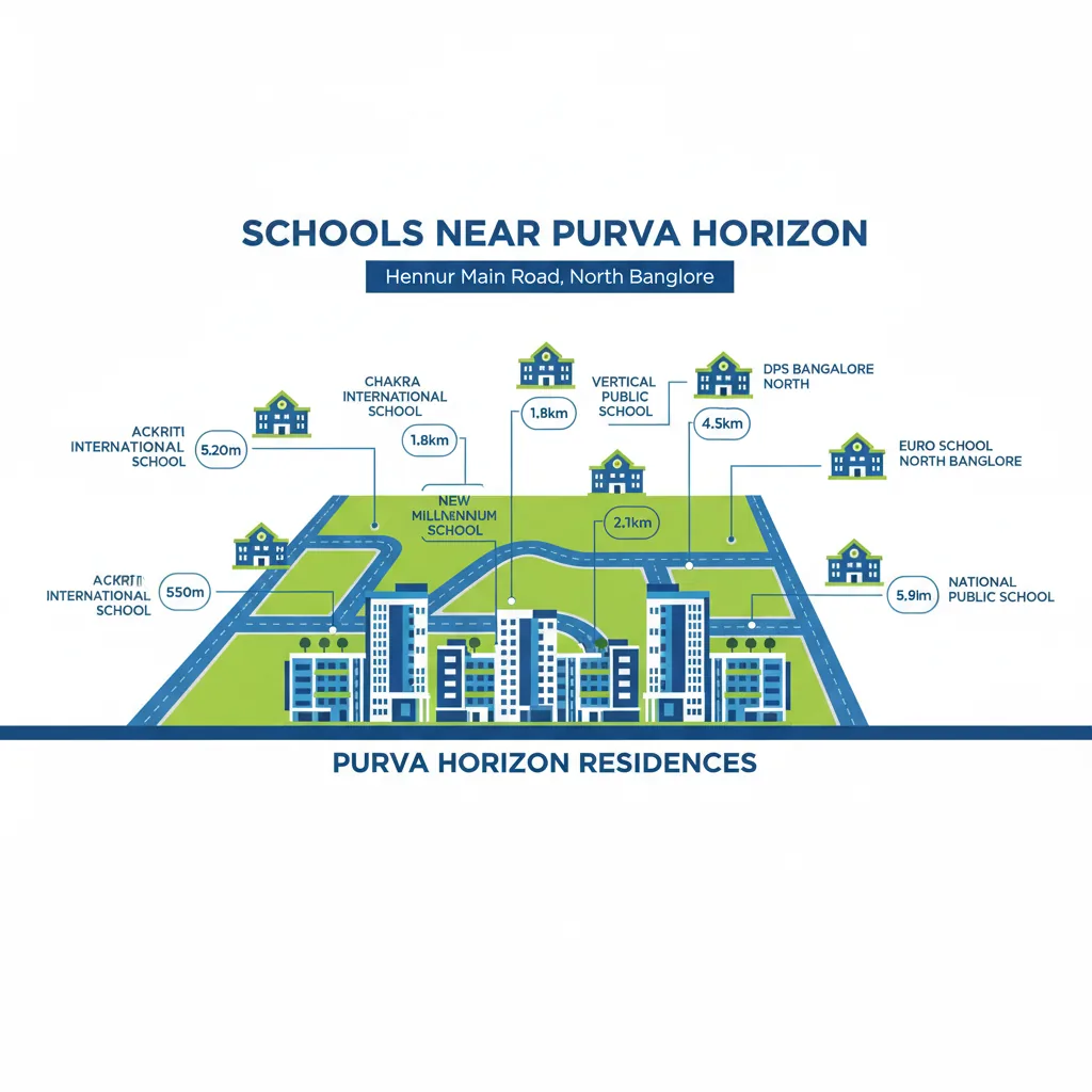 Schools Near Purva Horizon - Educational infographic showing top schools near Purva Horizon residential project on Hennur Main Road, North Bangalore
